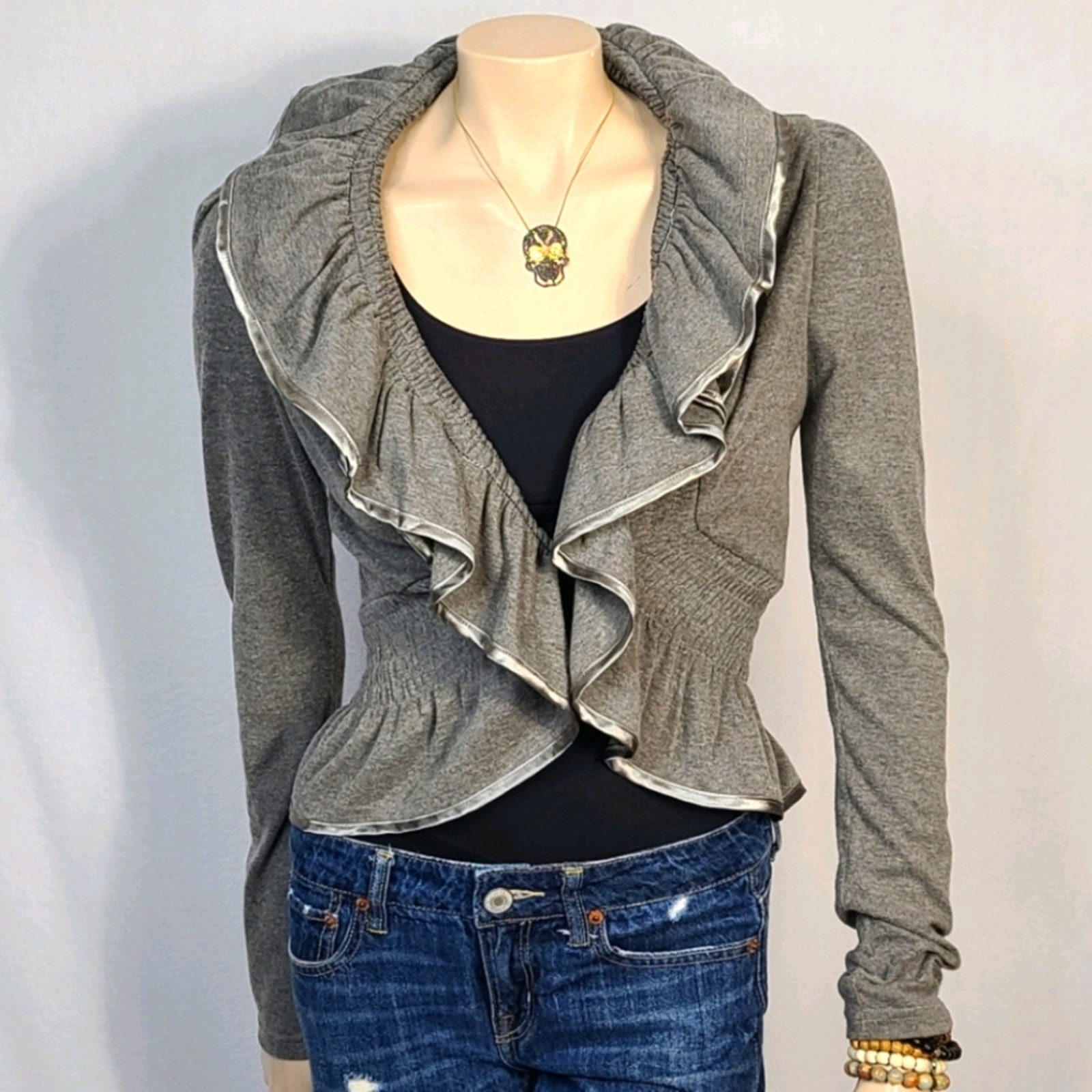 Ryu Charcoal Crop Ruffle Jacket Sz M